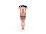 Rose gold {shape_name} Blue Sapphire Halo Engagement Ring with Split Shank and Four-Prong Setting_2