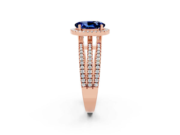 Rose gold Oval Cut Blue Sapphire Halo Engagement Ring with Split Shank and Four-Prong Setting