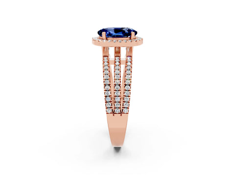 Rose gold {shape_name} Blue Sapphire Halo Engagement Ring with Split Shank and Four-Prong Setting_2