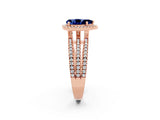 Rose gold {shape_name} Blue Sapphire Halo Engagement Ring with Split Shank and Four-Prong Setting_2