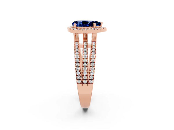 Rose gold Pear Cut Blue Sapphire Halo Engagement Ring with Split Shank and Four-Prong Setting