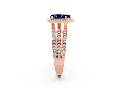 Rose gold {shape_name} Blue Sapphire Halo Engagement Ring with Split Shank and Four-Prong Setting_2