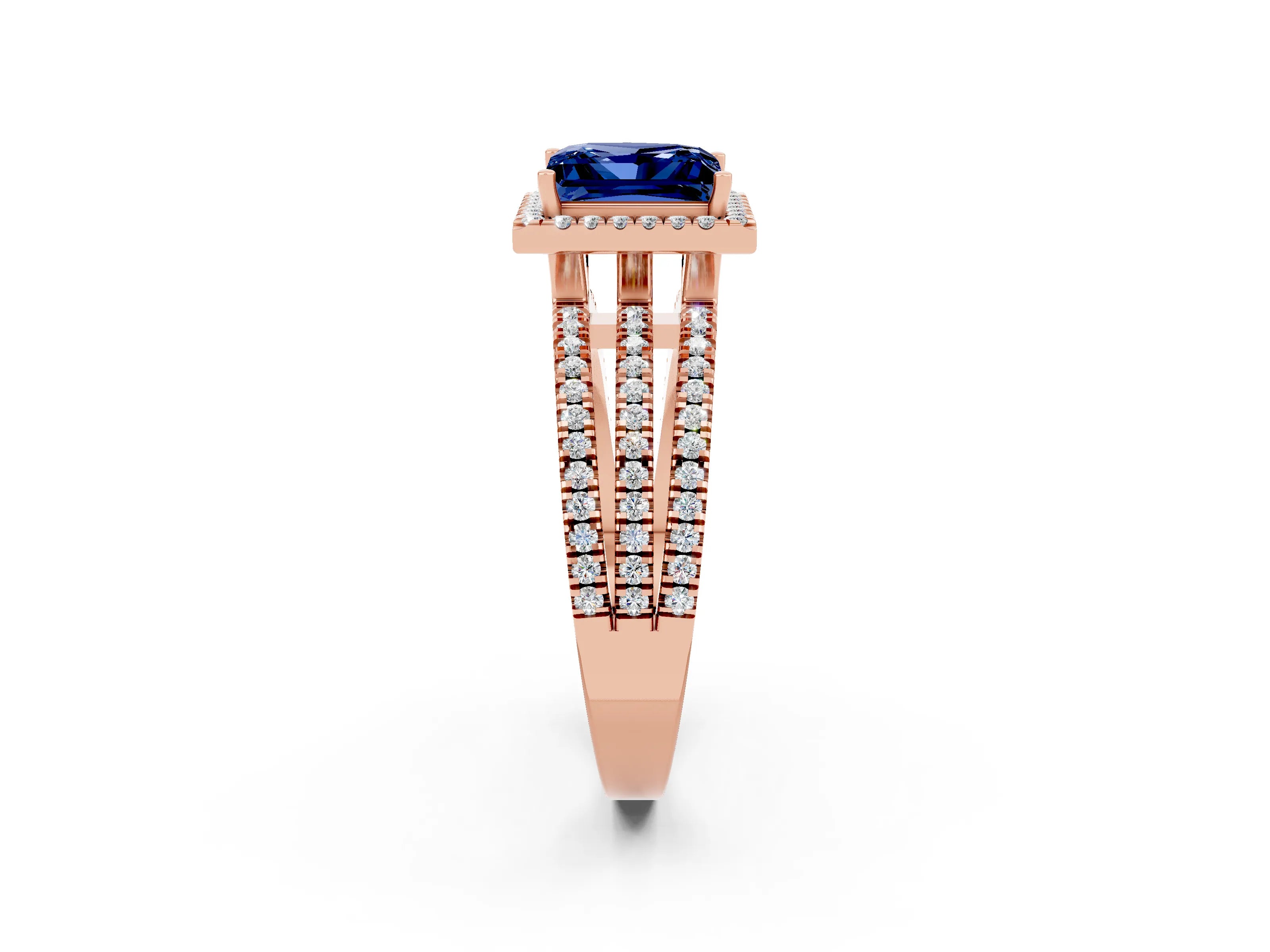Rose gold {shape_name} Blue Sapphire Halo Engagement Ring with Split Shank and Four-Prong Setting_2