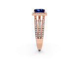 Rose gold {shape_name} Blue Sapphire Halo Engagement Ring with Split Shank and Four-Prong Setting_2