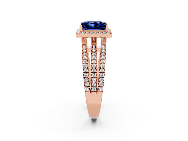 Rose gold Princess Cut Blue Sapphire Halo Engagement Ring with Split Shank and Four-Prong Setting