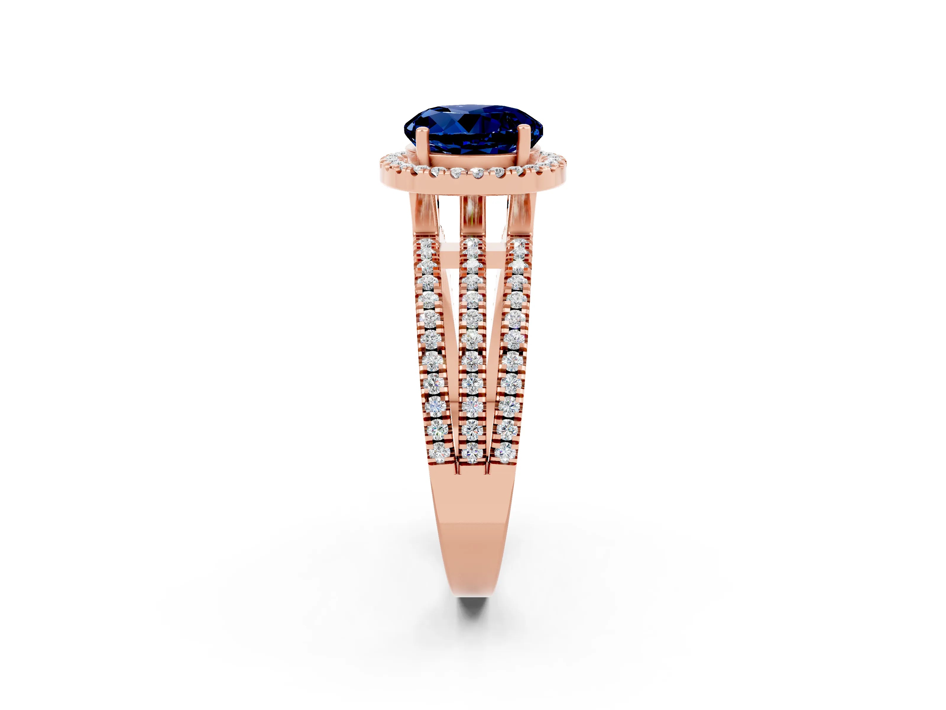 Rose gold {shape_name} Blue Sapphire Halo Engagement Ring with Split Shank and Four-Prong Setting_2