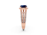 Rose gold {shape_name} Blue Sapphire Halo Engagement Ring with Split Shank and Four-Prong Setting_2