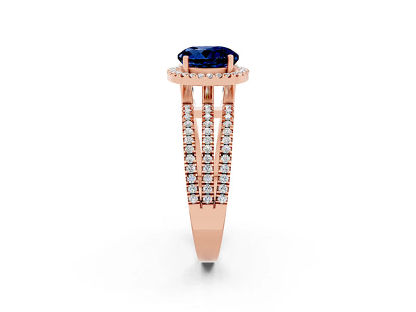 Rose gold Round Cut Blue Sapphire Halo Engagement Ring with Split Shank and Four-Prong Setting