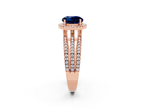 Rose gold {shape_name} Blue Sapphire Halo Engagement Ring with Split Shank and Four-Prong Setting_2