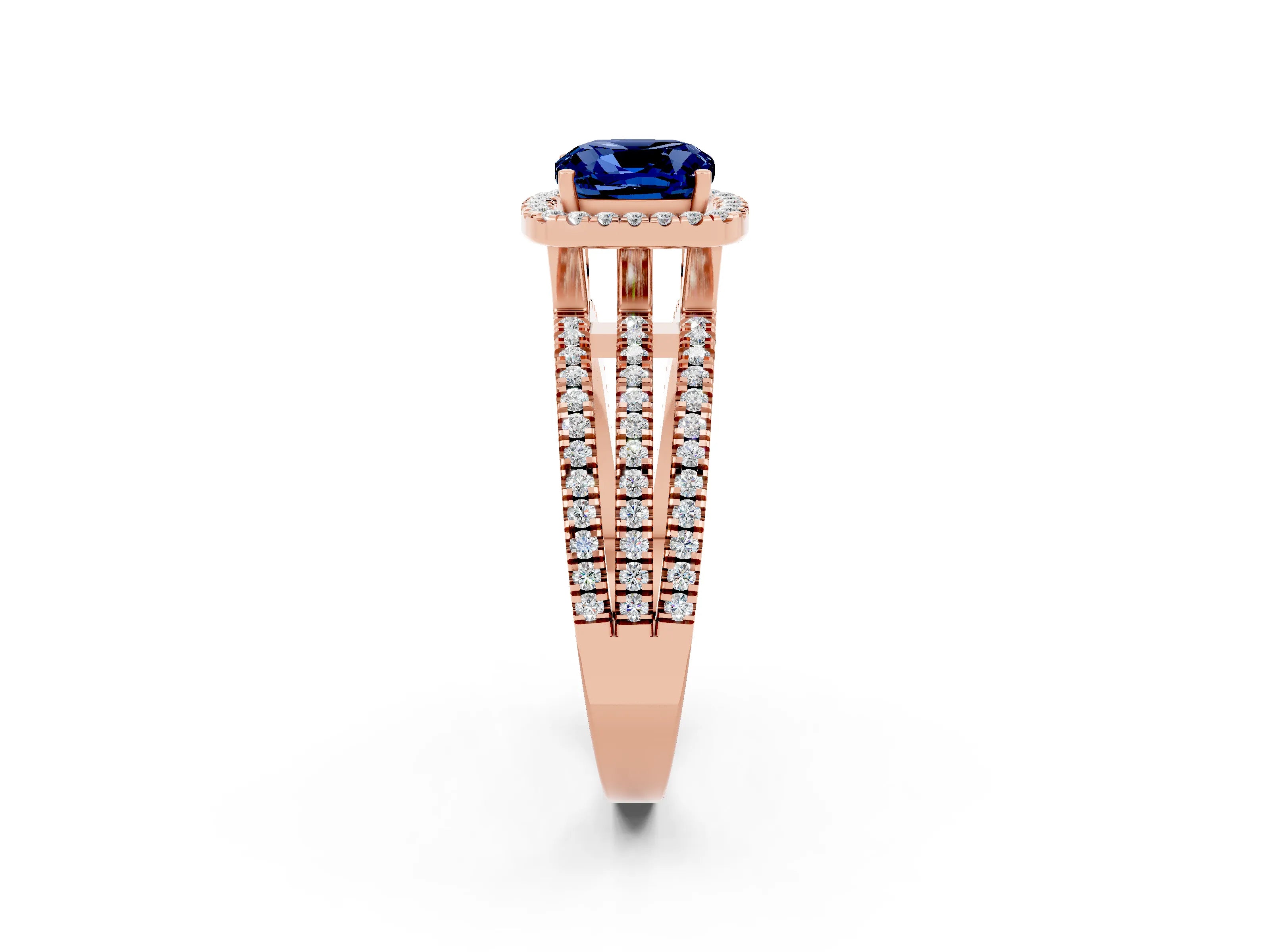 Rose gold {shape_name} Blue Sapphire Halo Engagement Ring with Split Shank and Four-Prong Setting_2