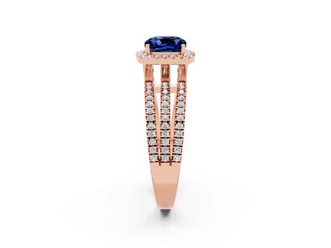 Rose gold {shape_name} Blue Sapphire Halo Engagement Ring with Split Shank and Four-Prong Setting_2