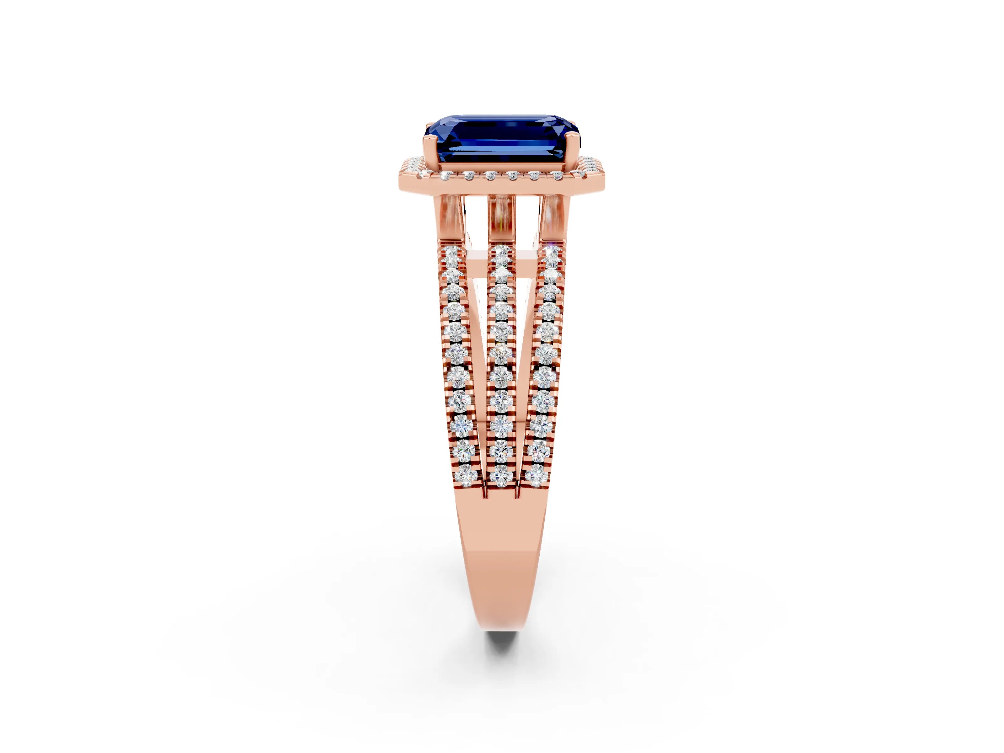Rose gold {shape_name} Blue Sapphire Halo Engagement Ring with Split Shank and Four-Prong Setting_2