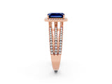 Rose gold {shape_name} Blue Sapphire Halo Engagement Ring with Split Shank and Four-Prong Setting_2