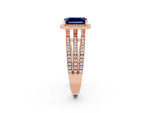 Rose gold Emerald Cut Blue Sapphire Halo Engagement Ring with Split Shank and Four-Prong Setting