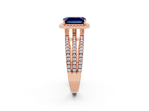 Rose gold {shape_name} Blue Sapphire Halo Engagement Ring with Split Shank and Four-Prong Setting_2
