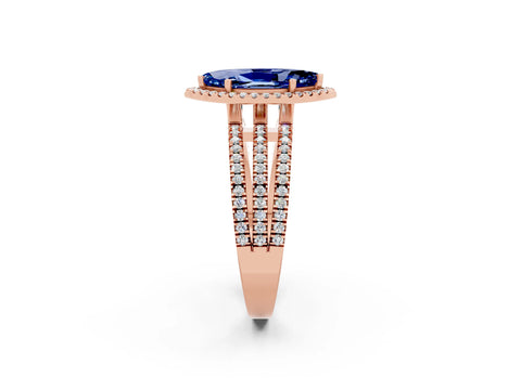 Rose gold {shape_name} Blue Sapphire Halo Engagement Ring with Split Shank and Four-Prong Setting_2