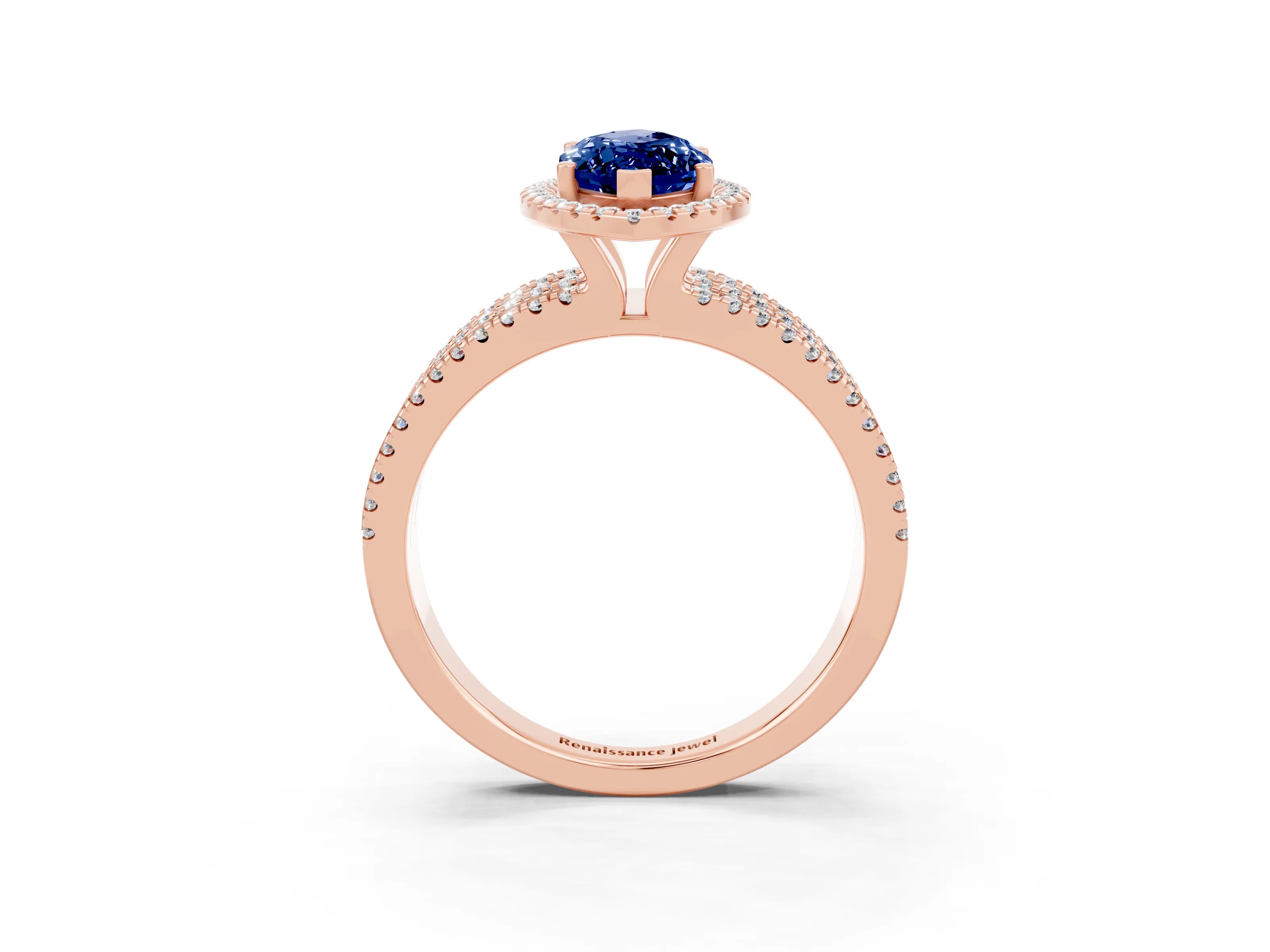 Rose gold {shape_name} Blue Sapphire Halo Engagement Ring with Split Shank and Four-Prong Setting_3