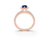 Rose gold {shape_name} Blue Sapphire Halo Engagement Ring with Split Shank and Four-Prong Setting_3