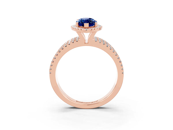 Rose gold Marquise Cut Blue Sapphire Halo Engagement Ring with Split Shank and Four-Prong Setting