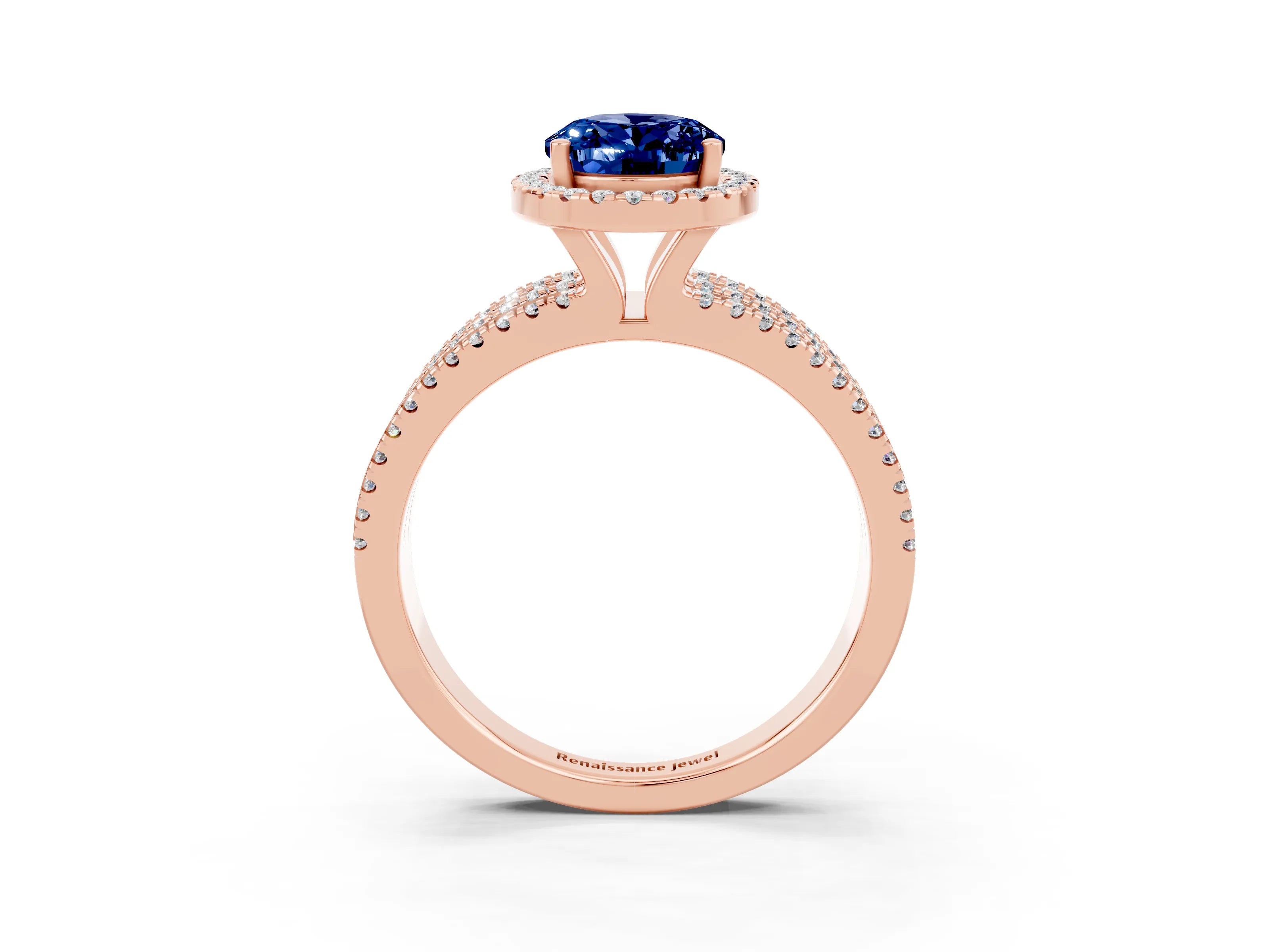 Rose gold {shape_name} Blue Sapphire Halo Engagement Ring with Split Shank and Four-Prong Setting_3