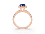 Rose gold {shape_name} Blue Sapphire Halo Engagement Ring with Split Shank and Four-Prong Setting_3