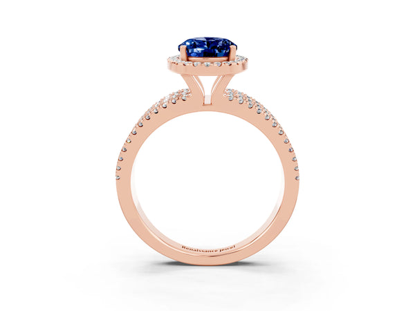 Rose gold Oval Cut Blue Sapphire Halo Engagement Ring with Split Shank and Four-Prong Setting