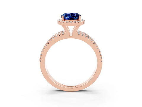 Rose gold {shape_name} Blue Sapphire Halo Engagement Ring with Split Shank and Four-Prong Setting_3