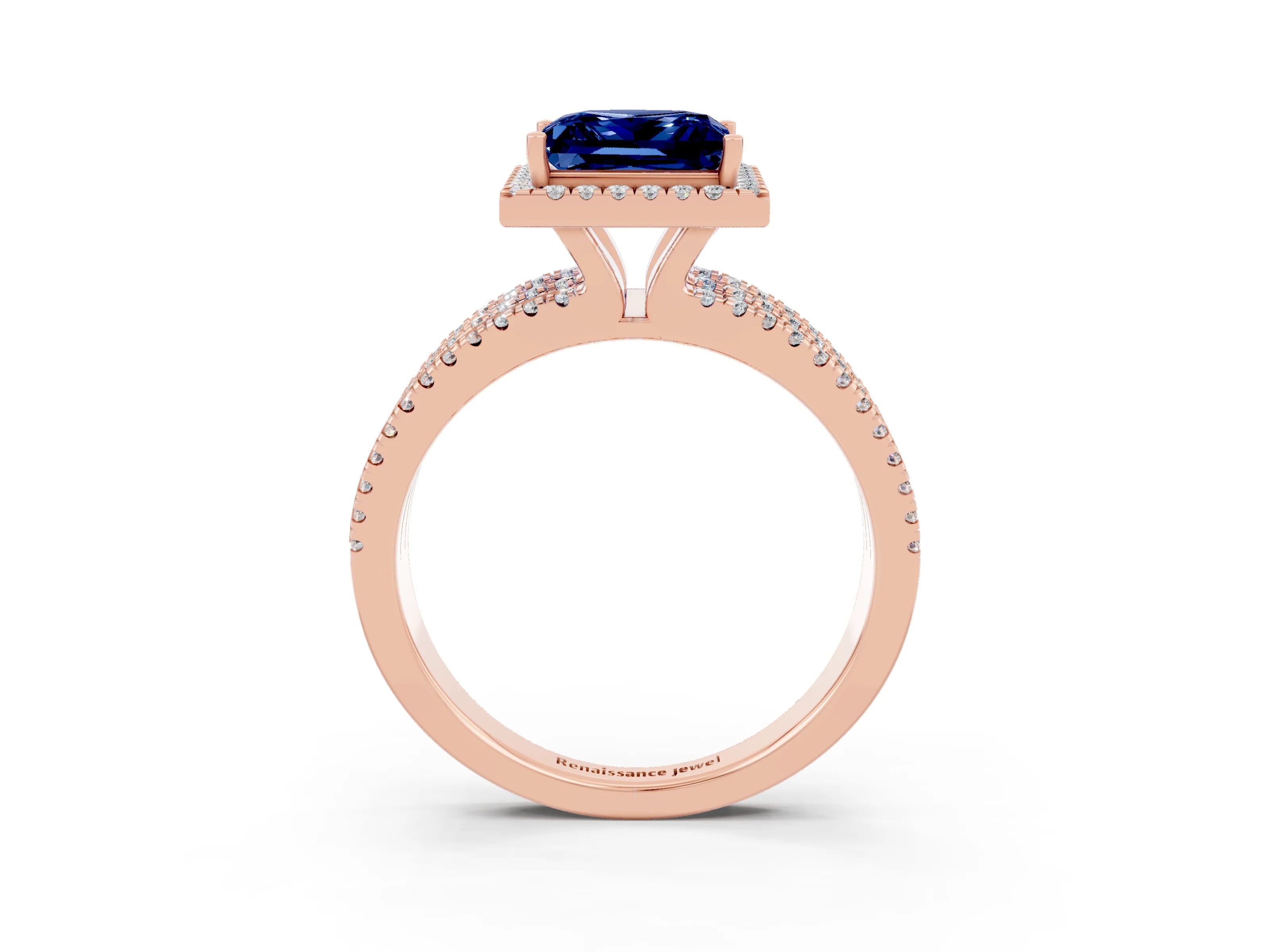 Rose gold {shape_name} Blue Sapphire Halo Engagement Ring with Split Shank and Four-Prong Setting_3