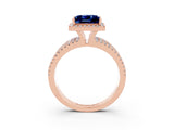 Rose gold {shape_name} Blue Sapphire Halo Engagement Ring with Split Shank and Four-Prong Setting_3