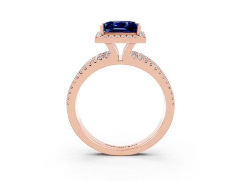 Rose gold {shape_name} Blue Sapphire Halo Engagement Ring with Split Shank and Four-Prong Setting_3