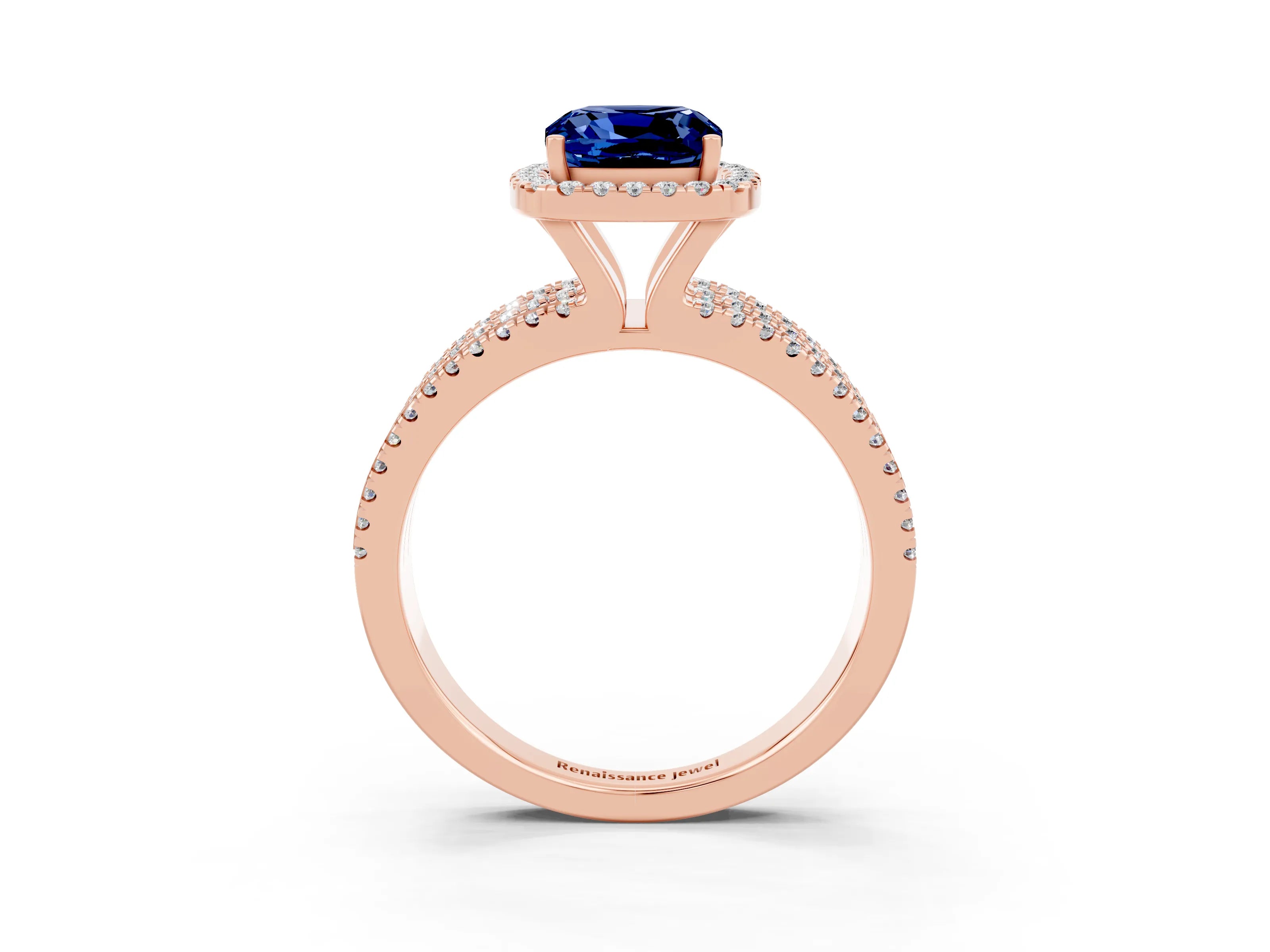 Rose gold {shape_name} Blue Sapphire Halo Engagement Ring with Split Shank and Four-Prong Setting_3