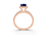 Rose gold {shape_name} Blue Sapphire Halo Engagement Ring with Split Shank and Four-Prong Setting_3