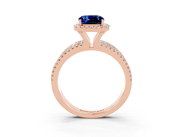 Rose gold Cushion Cut Blue Sapphire Halo Engagement Ring with Split Shank and Four-Prong Setting