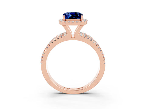 Rose gold {shape_name} Blue Sapphire Halo Engagement Ring with Split Shank and Four-Prong Setting_3