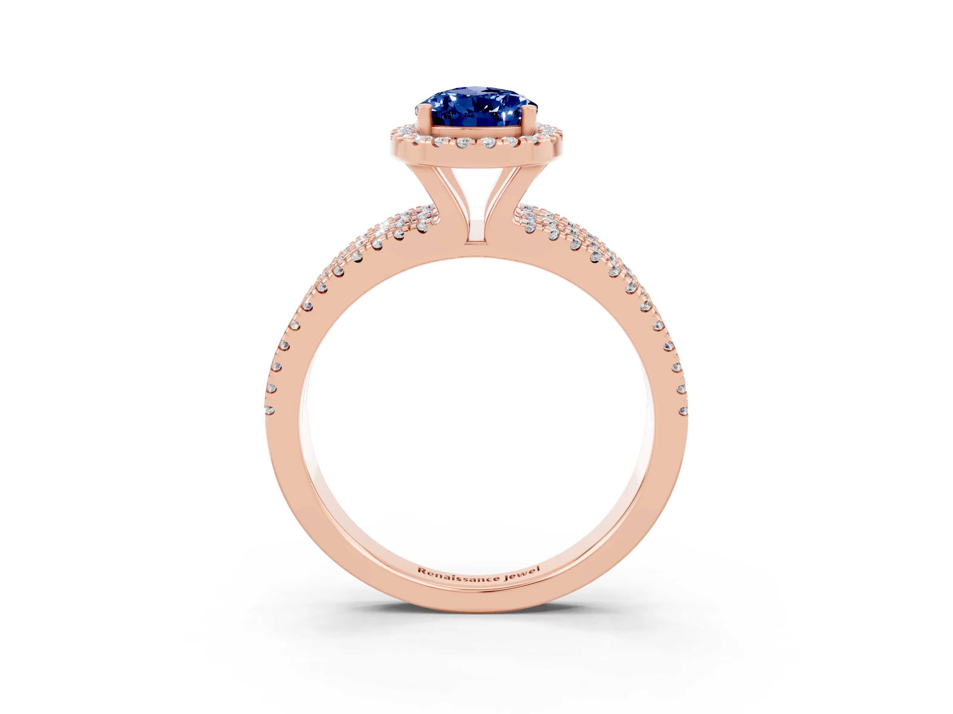 Rose gold {shape_name} Blue Sapphire Halo Engagement Ring with Split Shank and Four-Prong Setting_3