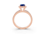 Rose gold {shape_name} Blue Sapphire Halo Engagement Ring with Split Shank and Four-Prong Setting_3