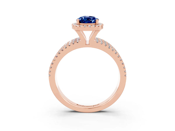Rose gold Pear Cut Blue Sapphire Halo Engagement Ring with Split Shank and Four-Prong Setting