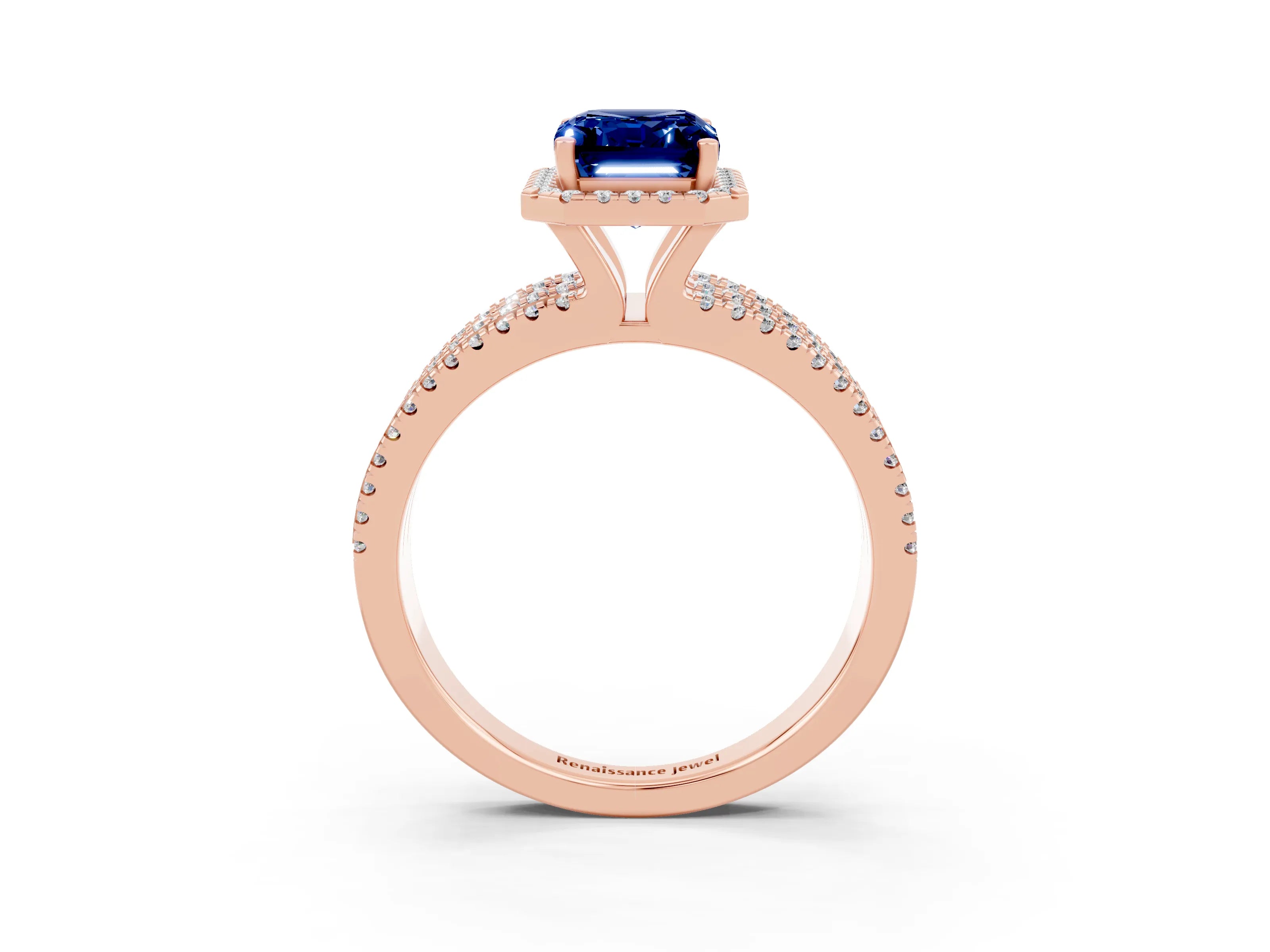 Rose gold {shape_name} Blue Sapphire Halo Engagement Ring with Split Shank and Four-Prong Setting_3