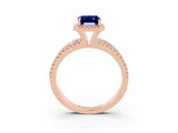 Rose gold {shape_name} Blue Sapphire Halo Engagement Ring with Split Shank and Four-Prong Setting_3
