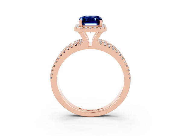 Rose gold Emerald Cut Blue Sapphire Halo Engagement Ring with Split Shank and Four-Prong Setting