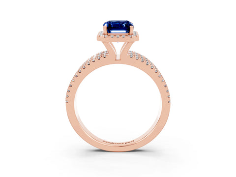 Rose gold {shape_name} Blue Sapphire Halo Engagement Ring with Split Shank and Four-Prong Setting_3