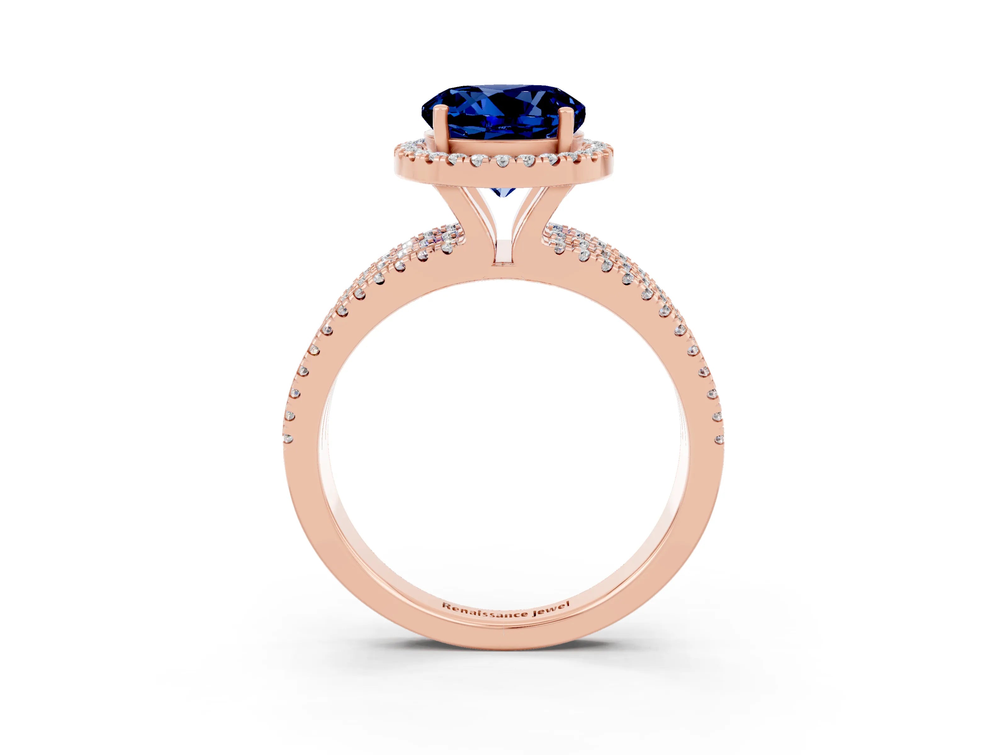 Rose gold {shape_name} Blue Sapphire Halo Engagement Ring with Split Shank and Four-Prong Setting_3