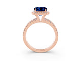 Rose gold {shape_name} Blue Sapphire Halo Engagement Ring with Split Shank and Four-Prong Setting_3