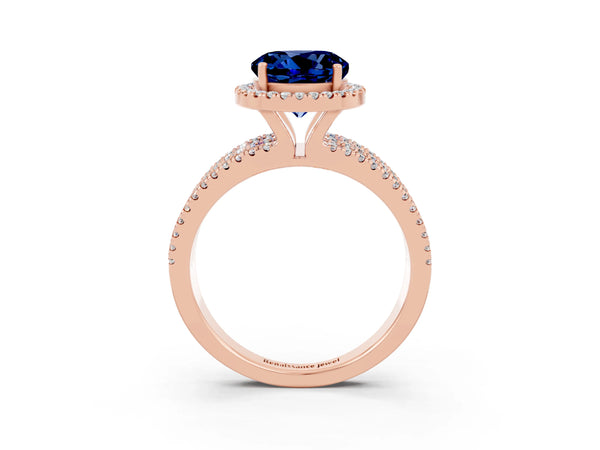Rose gold Round Cut Blue Sapphire Halo Engagement Ring with Split Shank and Four-Prong Setting