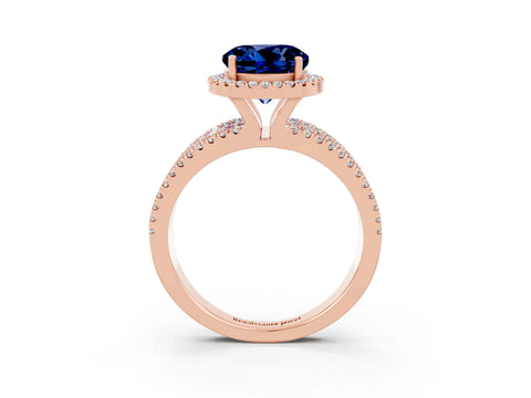 Rose gold {shape_name} Blue Sapphire Halo Engagement Ring with Split Shank and Four-Prong Setting_3