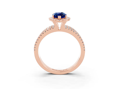 Rose gold {shape_name} Blue Sapphire Halo Engagement Ring with Split Shank and Four-Prong Setting_3