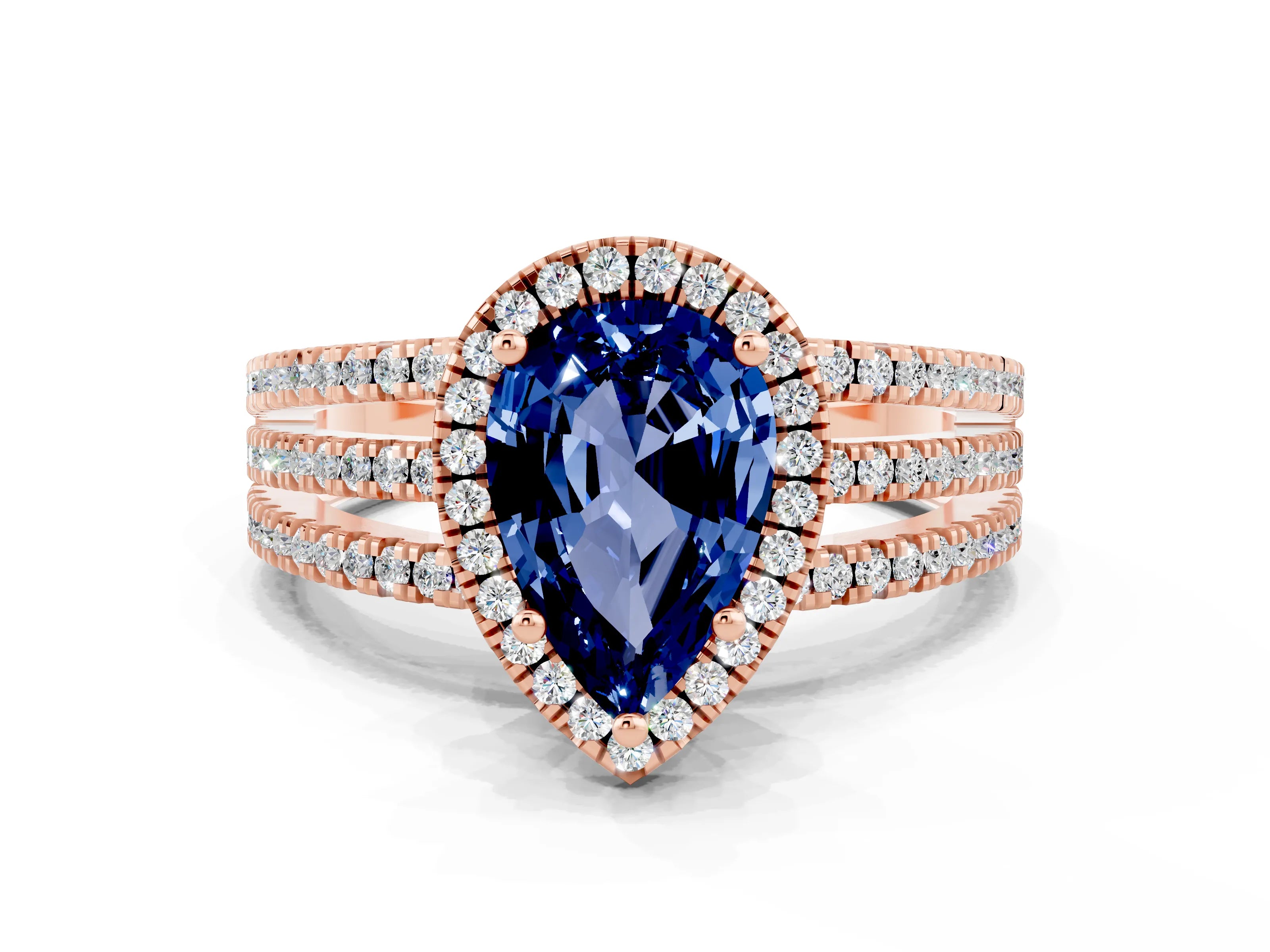 Rose gold {shape_name} Blue Sapphire Halo Engagement Ring with Split Shank and Four-Prong Setting