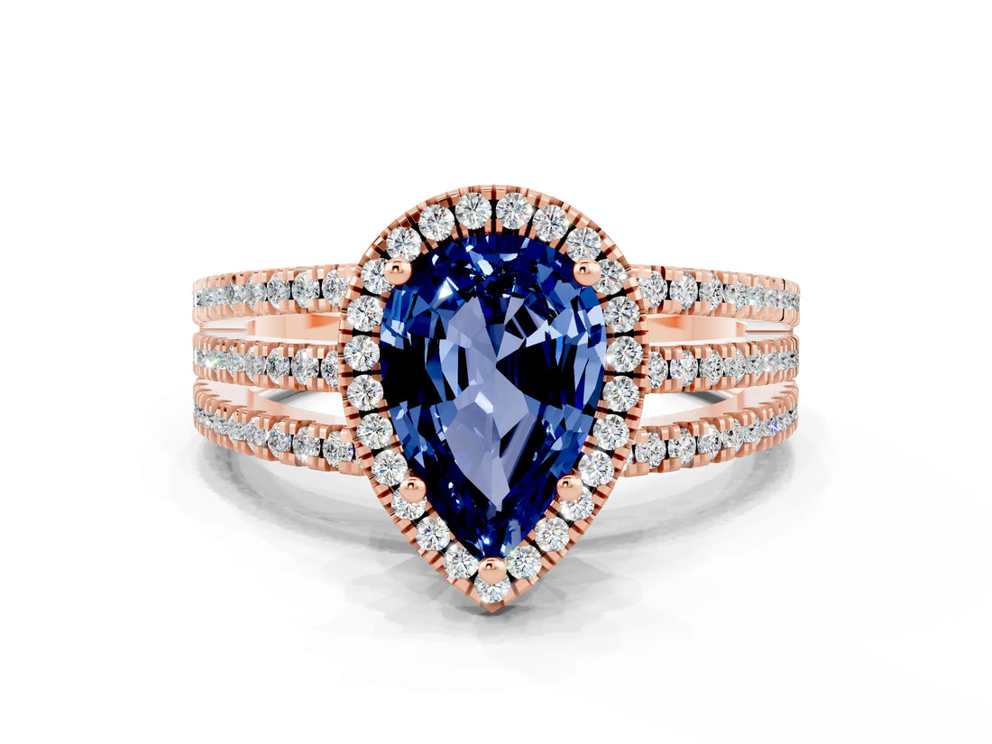 Rose gold {shape_name} Blue Sapphire Halo Engagement Ring with Split Shank and Four-Prong Setting