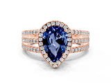 Rose gold {shape_name} Blue Sapphire Halo Engagement Ring with Split Shank and Four-Prong Setting