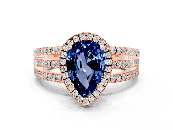Rose gold Pear Cut Blue Sapphire Halo Engagement Ring with Split Shank and Four-Prong Setting